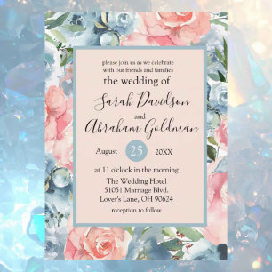 Wedding Invitations - Pink Dusty Blue Floral Roses