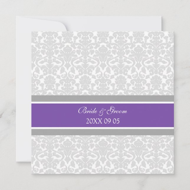 Wedding Invitations Plum Grey White Damask (Front)