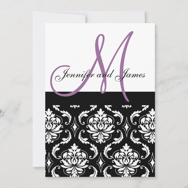 Wedding Invitations Purple Monogram Names Damask (Front)