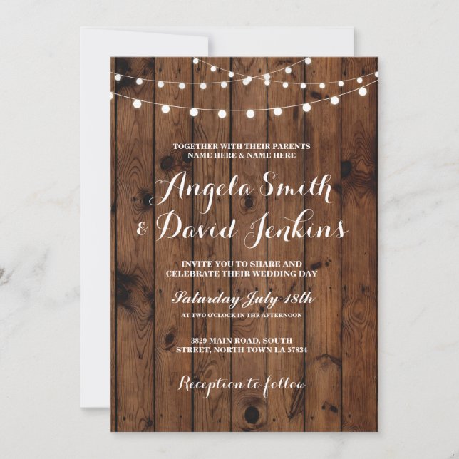Wedding Invitations Rustic Elegant Wood Lights (Front)