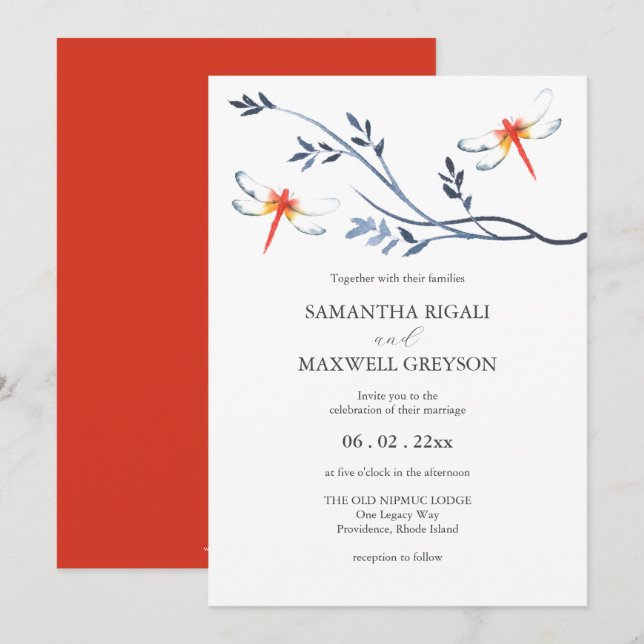 Wedding Invitations Watercolor Red Dragonfly (Front/Back)