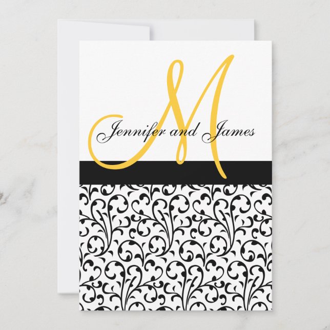 Wedding Invitations Yellow Monogram Names Damask (Front)