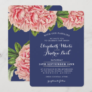 WEDDING INVITE blush pink floral peony flower navy