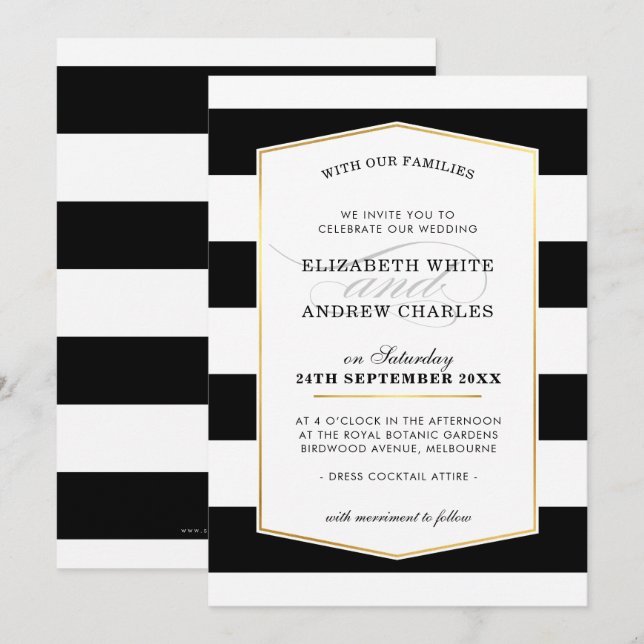 WEDDING INVITE chic modern black white stripe gold (Front/Back)