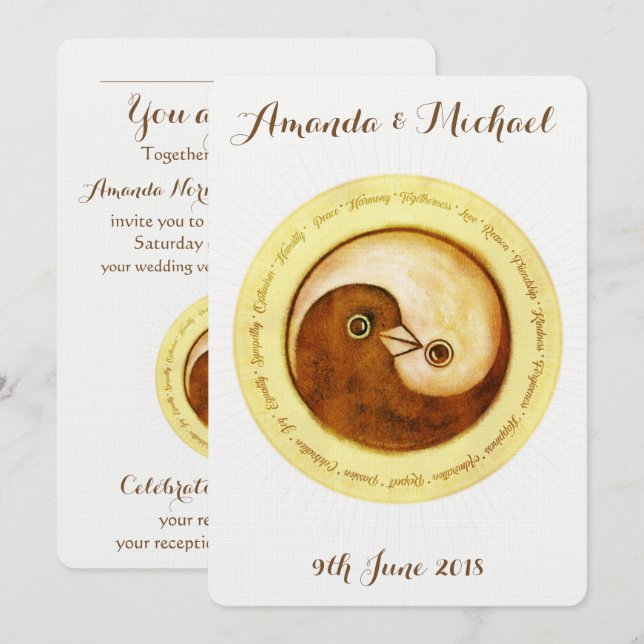 WEDDING INVITE gold harmony YinYang doves (Front/Back)