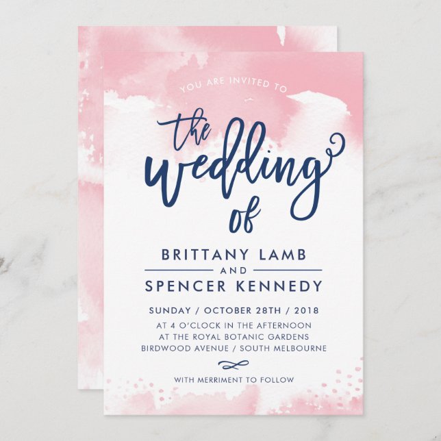 WEDDING INVITE modern stylish navy pink watercolor (Front/Back)