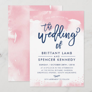 WEDDING INVITE modern stylish navy pink watercolor