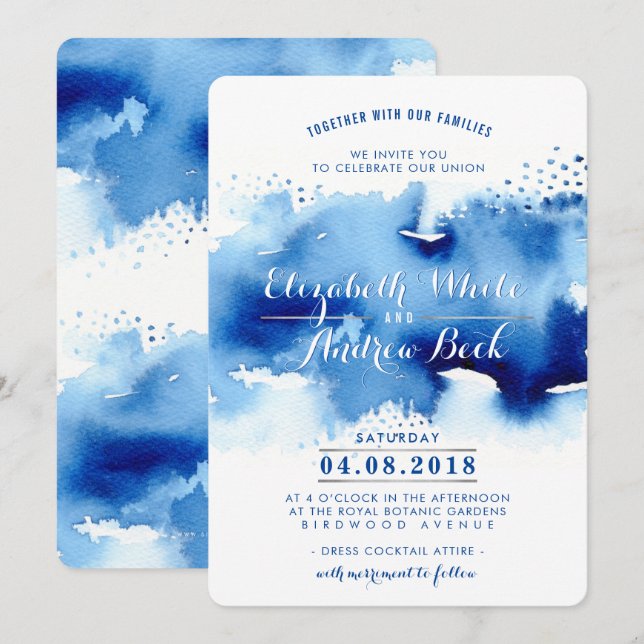 WEDDING INVITE stylish chic watercolor beach blue (Front/Back)