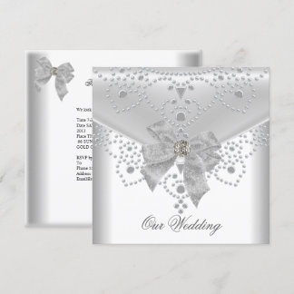 Wedding Invite White Silver Overlay Bow Jewel