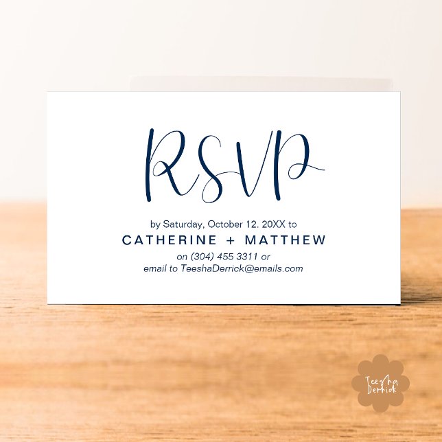 Wedding Invites RSVP Modern Minimalist Reminder (Wedding Invitation RSVP Modern Minimalist Design Reminder Email Phone Texting in Classy Navy Blue)