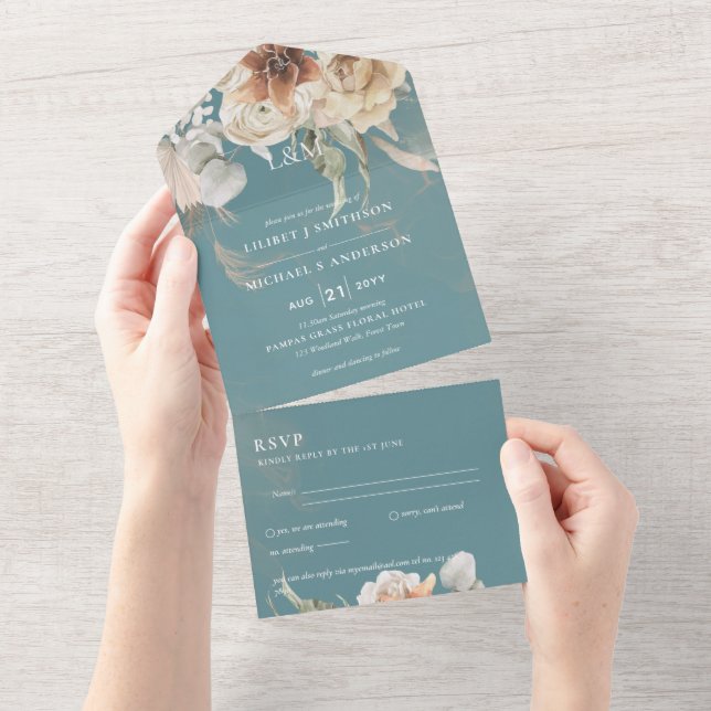 Wedding Invites with RSVP | BOHO Pampas Grass  (Tearaway)