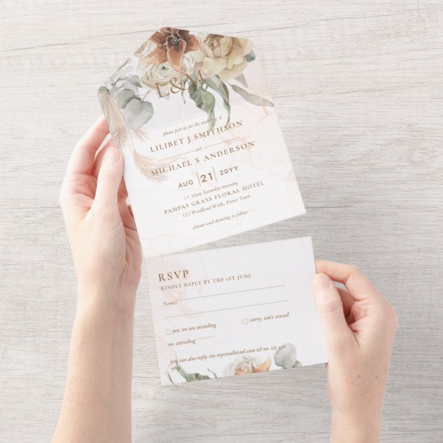 Wedding Invites with RSVP | BOHO Pampas Grass  (Tearaway)