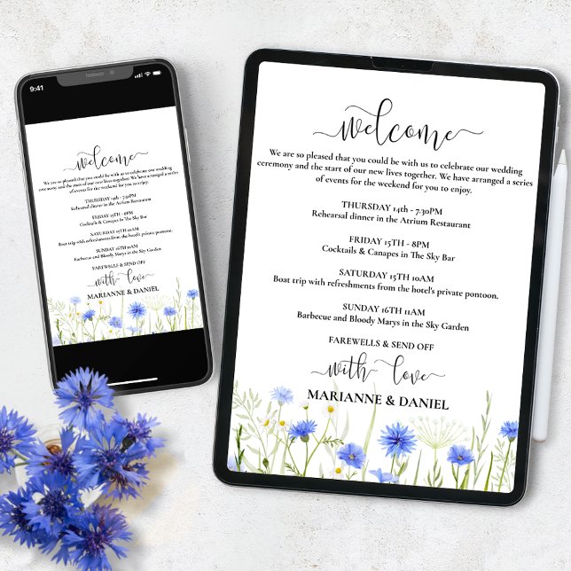 Wedding Itinerary Blue Floral Digital Agenda Announcement (Creator Uploaded)