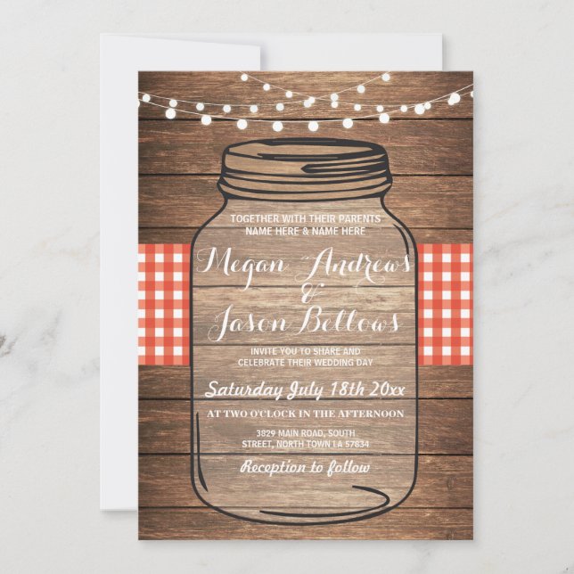Wedding Jar Wood Rustic Red Gingham Invitation (Front)