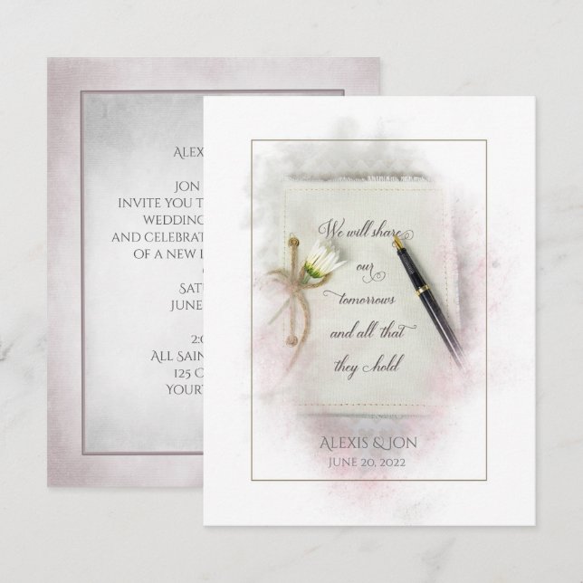 wedding journal with fountain pen and daisy invitation (Front/Back)