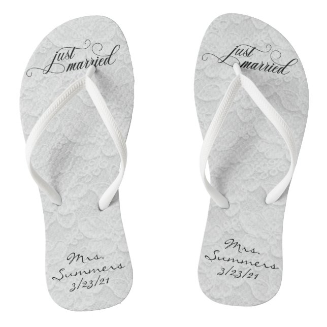 Wedding Just Married White Lace Personalized Bride Flip Flops (Footbed)