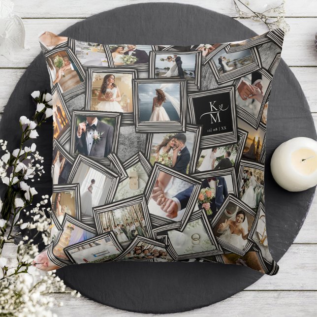 Wedding Keepsake 30 Photo Collage Black ID1065 Thr Throw Pillow (Creator Uploaded)