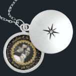 Wedding Keepsake Elegant Black Gold Photo Locket Necklace<br><div class="desc">Elegant black and gold embellished sterling silver locket to personalize with your own photograph and text with ornate gold coloured frame surrounding your photograph set off against a black background with gold coloured flecks. Looks stunning with black and white photographs making a special gift or keepsake to remember a special...</div>