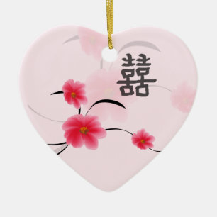 Wedding Keepsake Pink Blossom Double Happiness Ceramic Ornament