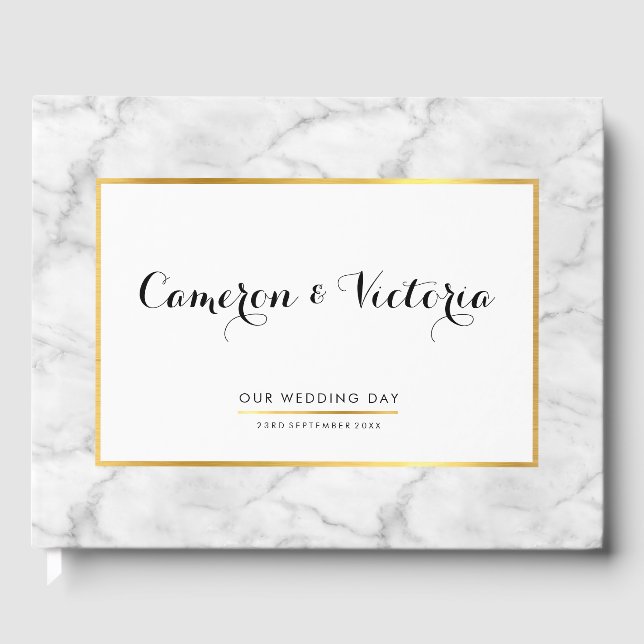 WEDDING KEEPSAKE stylish faux gold frame marble Guest Book (Front)
