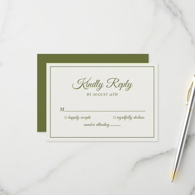 Wedding Kindly Reply Modern Cream & Olive Green RSVP Card (Front/Back In Situ)