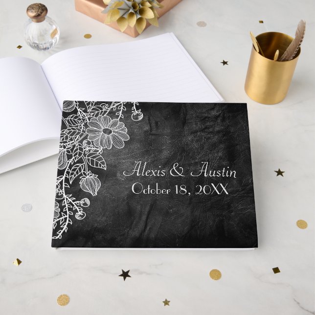 Wedding Lace On Black Leather Guest Book (Front Open)