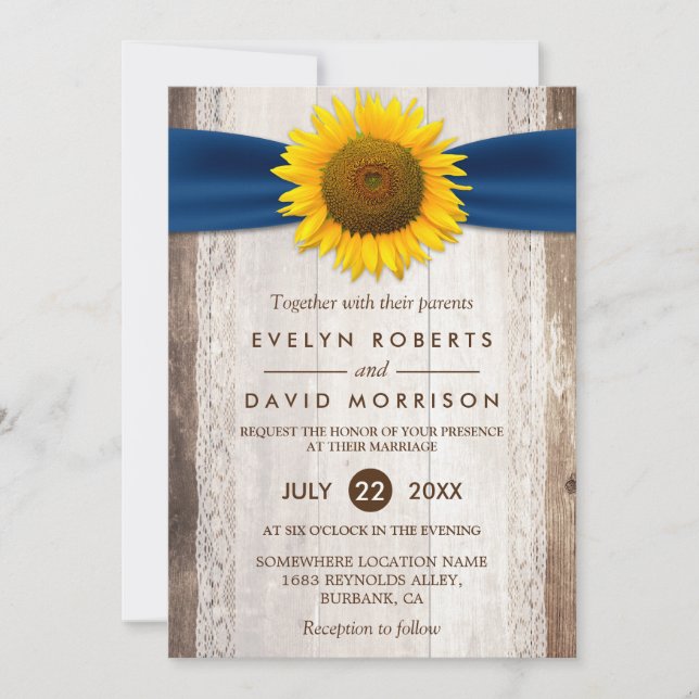 Wedding Lace Rustic Barn Wood Sunflower Ribbon Invitation (Front)