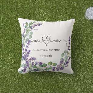 Wedding lavender eucalyptus wreath mr mrs names outdoor pillow