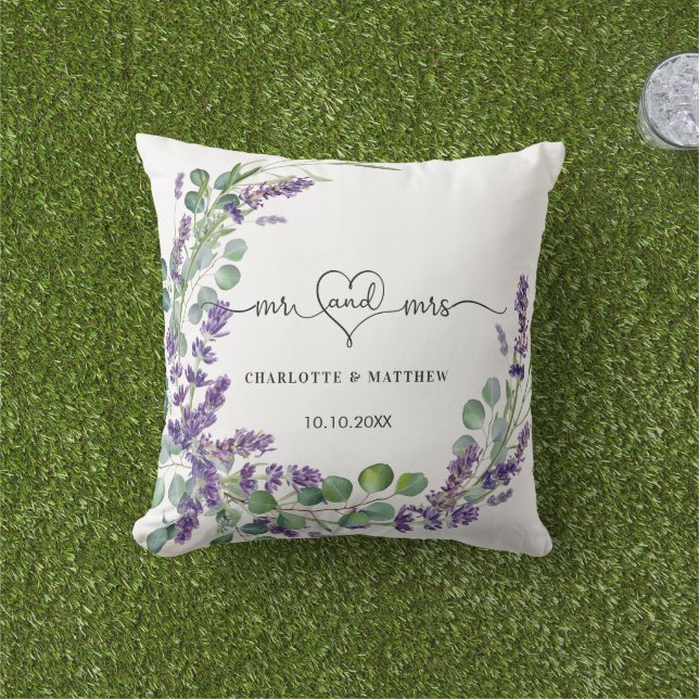 Wedding lavender eucalyptus wreath mr mrs names outdoor pillow (Grass)
