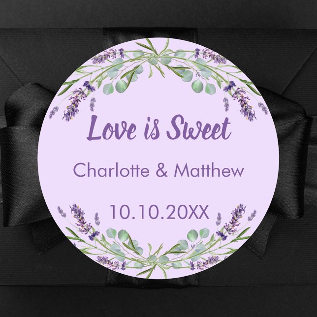 Wedding lavender violet eucalyptus Love is Sweet Classic Round Sticker (Creator Uploaded)