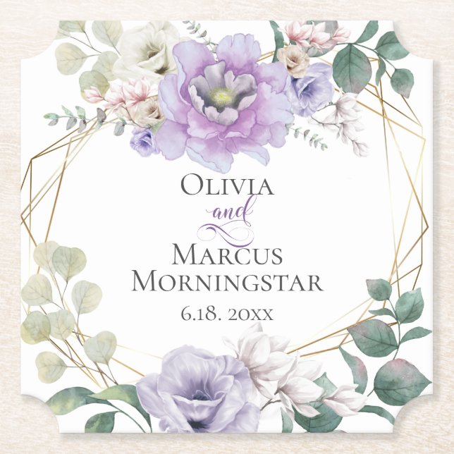 Wedding Lavender Watercolor Peony White Magnolias Paper Coaster (Front)
