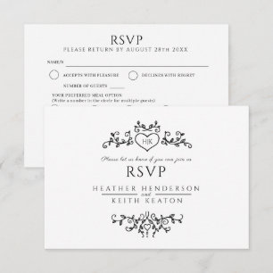 Wedding leaf art monogram black white meal wedding RSVP card