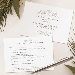 Wedding leaf line art monogram beige meal wedding RSVP card