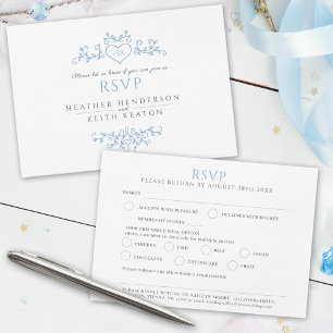 Wedding leaf line art monogram blue meal wedding RSVP card
