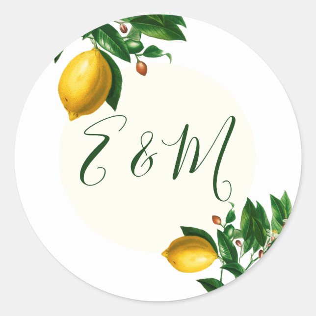 Wedding Lemon Botanical Simple Monogram Summer Classic Round Sticker (Front)