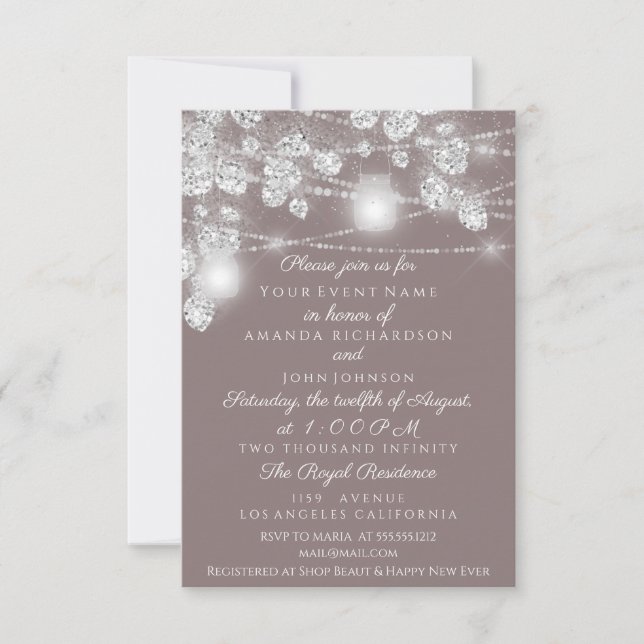 Wedding Lights Jars Glitter Grey Silver Brown Invitation (Front)
