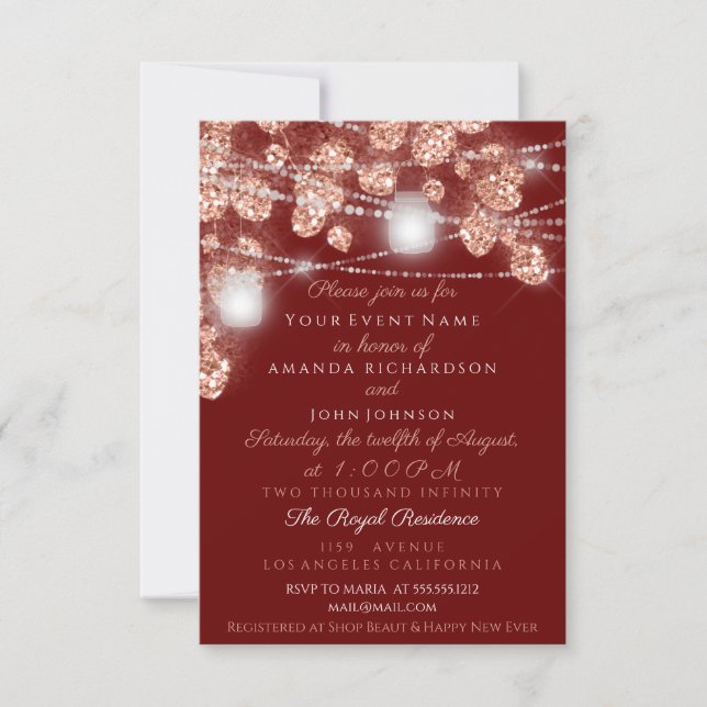 Wedding Lights Jars Rustic Rose Gold Blush Burgund Invitation (Front)