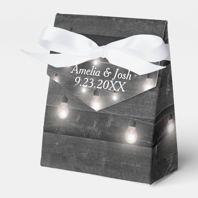Wedding Lights on Grey Wood Favor Box (Front Side)