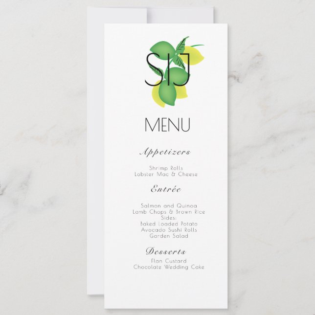 Wedding Limoncillo Lemon Lime Bunch Dinner Menu (Front)