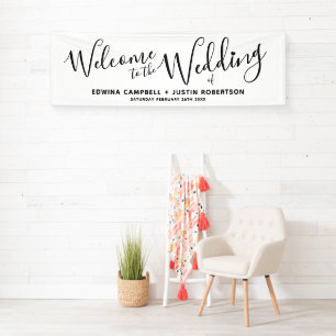 Wedding little heart black text on white welcome banner