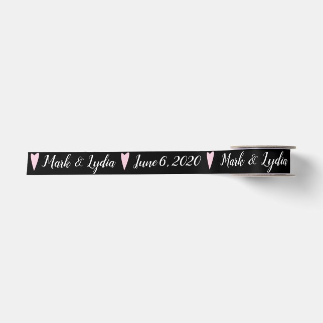 Wedding Logo Pink Heart Couples Name Date Favour Satin Ribbon (Front)