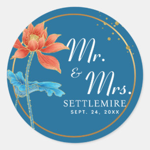 Wedding Lotus Flower Orange & Blue Mr. and Mrs. Classic Round Sticker