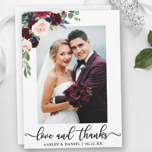 Wedding Love and Thanks Burgundy Blue Floral Thank You Card