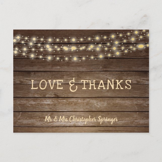 Wedding Love and Thanks Rustic Wood String Lights Postcard (Front)