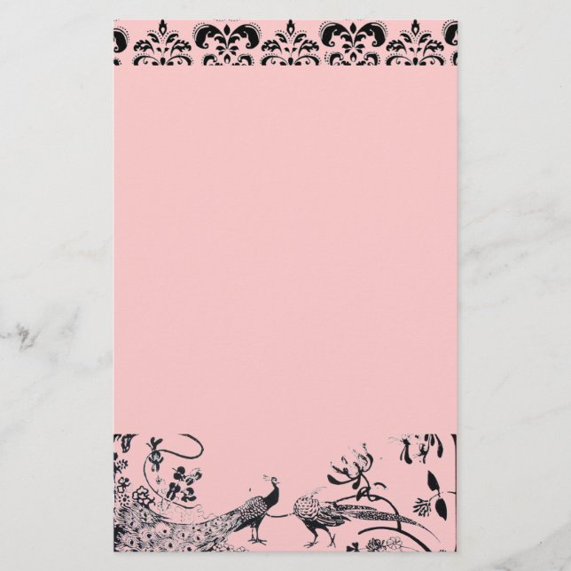 WEDDING LOVE BIRDS  black and pink damask Stationery (Front)