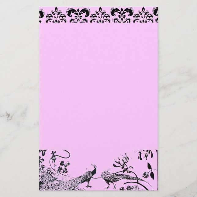 WEDDING LOVE BIRDS  black and pink damask Stationery (Front)