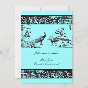 WEDDING LOVE BIRDS ,black and white blue Invitation
