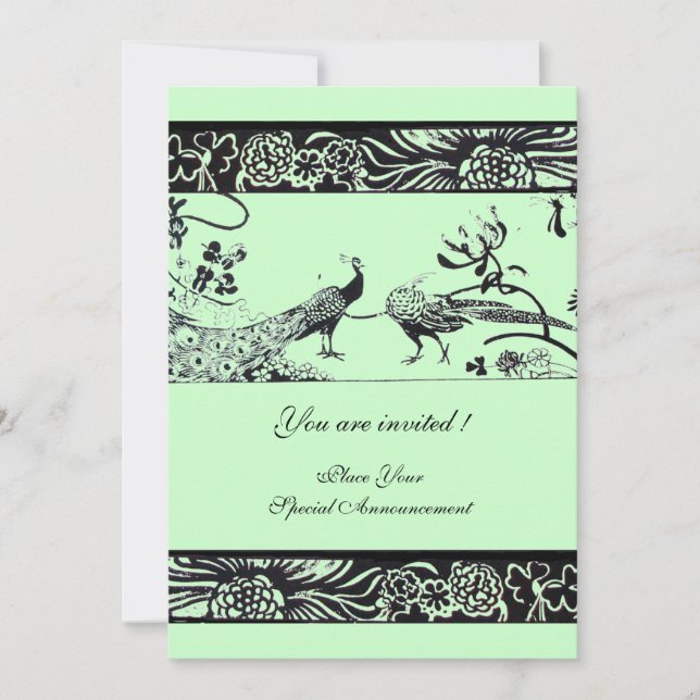 WEDDING LOVE BIRDS ,black and white green Invitation (Front)