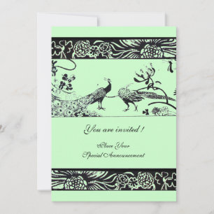 WEDDING LOVE BIRDS ,black and white green Invitation