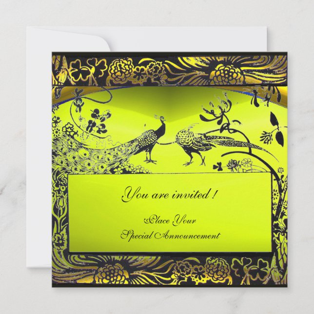 WEDDING LOVE BIRDS ,black and white ,yellow Invitation (Front)